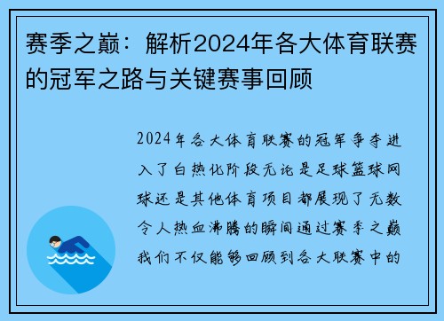 赛季之巅:解析2024年各大体育联赛的冠军之路与关键赛事回顾 赛季之巅:解析2024年各大体育联赛的冠军之路与关键赛事回顾